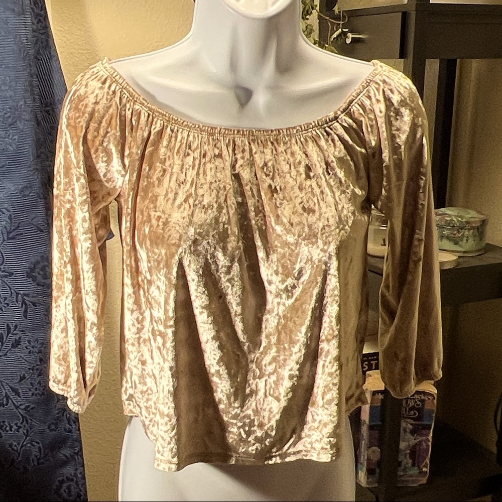 NWT! 🎁 3/20 Hollister gold velvet off-the-shoulder crop top, XS